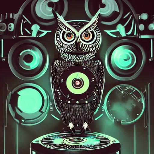 Image similar to an owl dj making techno music, futuristic, dramatic, very detailed, trending on artstation