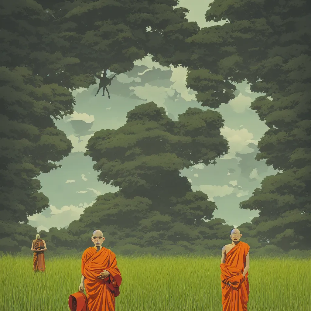 Prompt: full body shot of a buddhist monk wearing a gas mask standing in a large grass field by tomer hanuka and beeple and chester don powell and brian maebius and makoto shinkai, dramatic composition, epic scale, bright colors, sharp focus, shading, masterpiece, beautiful, daytime