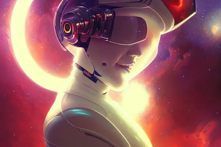 Image similar to Portrait of a Futuristic astronaut reflective visor reflecting a nebula supernova in space, portrait, elegant, intricate, digital painting, artstation, concept art, smooth, sharp focus, illustration, art by artgerm and greg rutkowski and alphonse mucha