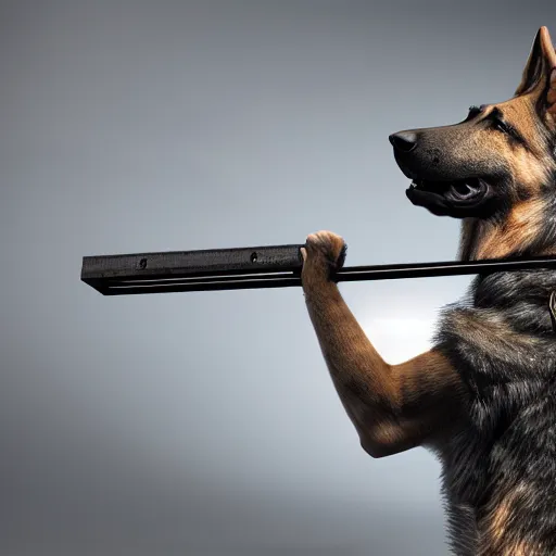 Image similar to a humanoid german shepherd flexing holding a crowbar, dslr, 8 k, octane beautifully detailed render, cold lighting, cinematic lighting, white background, detailed photo, masterpiece, volumetric lighting, ultra realistic, highly detailed, high quality, lossless, photorealistic, grayscale