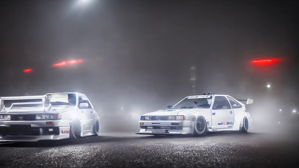 Image similar to takumi fujiwara's toyota ae 8 6 with pop - up headlights, cinematic, nikon d 7 5 0, long exposure, white balance, 8 k, led, lumen global illumination, fog, ray tracing reflections, fxaa, rtx, post - production