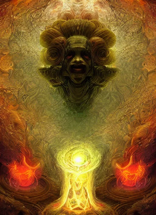 Prompt: enormous mushroom deity of the stars resides inside void manifold, mycelium forms quantum foam, fractal of scary dirac equations, portrait by ross tran, timeline nexus, ascending universes, a dnd illustration of esoteric concept by cgsociety and james gurney, artstation, hdr, rtx, iridescent wise mushroom deity