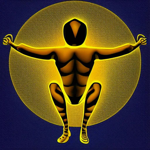 Image similar to human man that resembles a wasp morh in surreal sketch style, blue and yellow gradient, noise, ultrafine detail, hd 8k, logo illustration