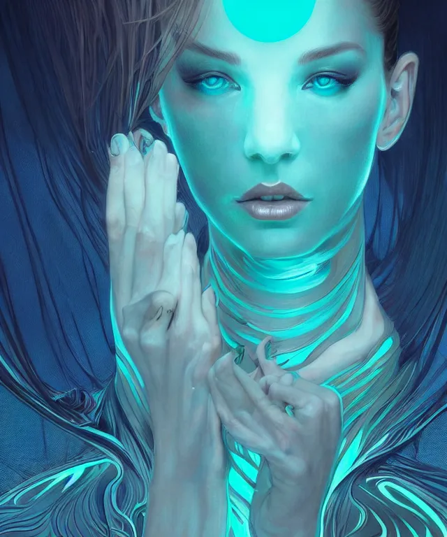 Image similar to Supermodel woman turning into an Android portrait, dark surrealism , scifi, intricate, elegant, highly detailed, teal neon glowing eyes, digital painting, artstation, concept art, smooth, sharp focus, illustration, art by artgerm and moebius and alphonse mucha