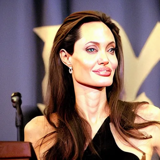 Image similar to oil painting of angelina jolie holding a press conference to announce herself as the director and star of the new batman movie. hollywood, 2 0 0 4.