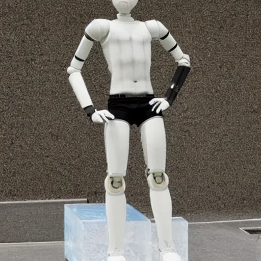 Image similar to a realistic detailed photo of a guy who is an attractive humanoid who is half robot and half humanoid, who is a male android, soccer player martin ødegaard, shiny skin, posing like a statue, blank stare, by the pool, on display, showing off his muscles, humanoid robot, frozen ice statue