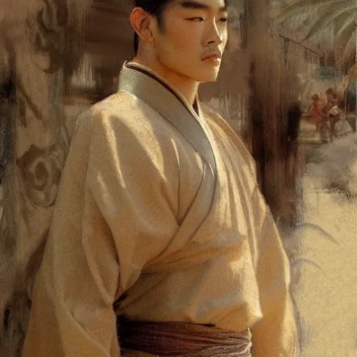 Prompt: a man wearing hanfu, muscular, detailed face, correct face, painting by Gaston Bussiere, Craig Mullins