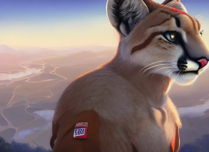 Prompt: character portrait feature of the anthro female anthropomorphic puma bobcat mountain lion fursona wearing airline pilot outfit uniform professional pilot for delta airlines character design stylized by charlie bowater, ross tran, artgerm, and makoto shinkai, detailed, soft lighting, rendered in octane, peru in background