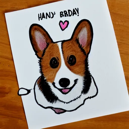 Prompt: a corgi saying happy birthday, hand drawn