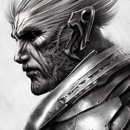 Prompt: illuminated portrait of an old warrior, black armor, greatsword, grey hair, scars, digital illustration, high fantasy, detailed face, frank frazetta, sharp focus