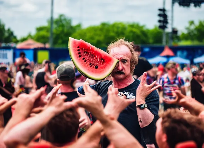 Image similar to photo still of gallagher at vans warped tour!!!!!!!! at age 5 5 years old 5 5 years of age!!!!!!! throwing watermelons into a crowd, 8 k, 8 5 mm f 1. 8, studio lighting, rim light, right side key light