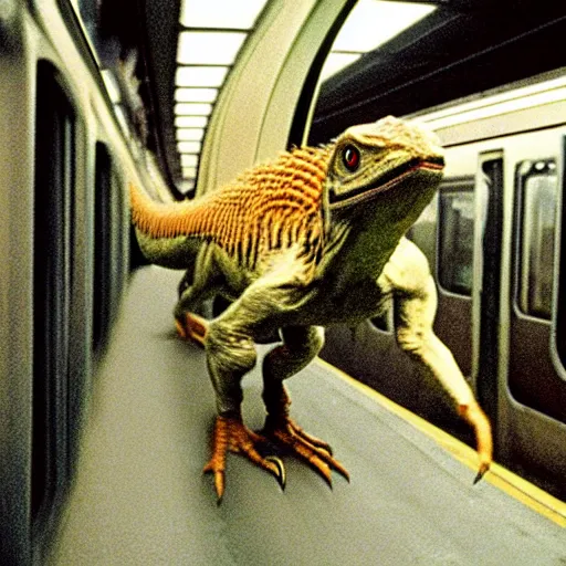 Image similar to a velociraptor riding the subway, new york, 1 9 9 0