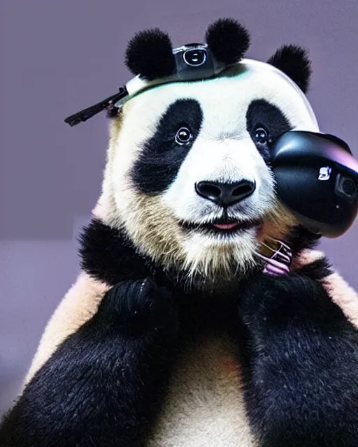 Prompt: a panda wearing a VR headset on his head over his eyes. VR.