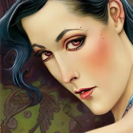 Prompt: an art nouveau, ( streamline moderne ), multi - ethnic and multi - racial portrait in the style of charlie bowater, and in the style of donato giancola and in the style of charles dulac. very large, clear, expressive and intelligent eyes. symmetrical, centered, ultrasharp focus, cinematic lighting, photorealistic digital painting, intricate detailed background.