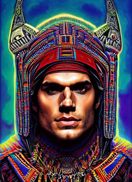 Image similar to portrait of henry cavill, hyper detailed ultra sharp aztec shaman warrior. trending on artstation, warpaint aesthetic, bloodwave, colorful, psychedelic, ornate, intricate, digital painting, concept art, smooth, sharp focus, illustration, art by artgerm and greg rutkowski and h. r. giger, 8 k