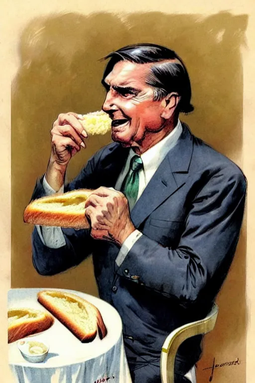 Prompt: ( ( ( ( ( 1 9 5 0 s bolsonaro brazilian president eating condensed milk with french bread. muted colors. ) ) ) ) ) by jean - baptiste monge!!!!!!!!!!!!!!!!!!!!!!!!!!!!!!