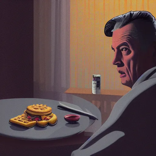 Prompt: twin peaks poster by michael whelan and tomer hanuka, close up portrait of man in a kitchen looking at a waffle, confused, angry, full of details, by makoto shinkai and thomas kinkade, matte painting, trending on artstation and unreal engine