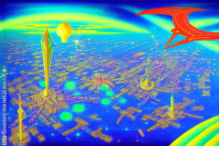 Prompt: Flying island fortress-city in the sky, a fantasy sci-fi dreamworld painting in neon geometric inks, art nouveau by Terese Edvard Guay Kinkade