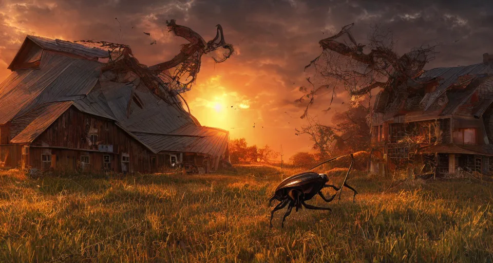 Image similar to giant beetle crush a farm house, close up, hyperdetailed, artstation, cgsociety, golden hour 8k