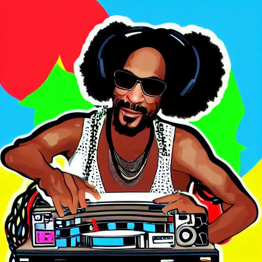 Image similar to svg sticker of a Dancing-Ben-Harper-Snoop-Spike-Lee-with-a-large-Afro-Puff, at a rave, spinning records, giant headphones rocking out, wearing headphones, huge speakers, dancing, rave, DJ, spinning records, digital art, amazing composition, rule-of-thirds, award-winning, trending on artstation, featured on deviantart