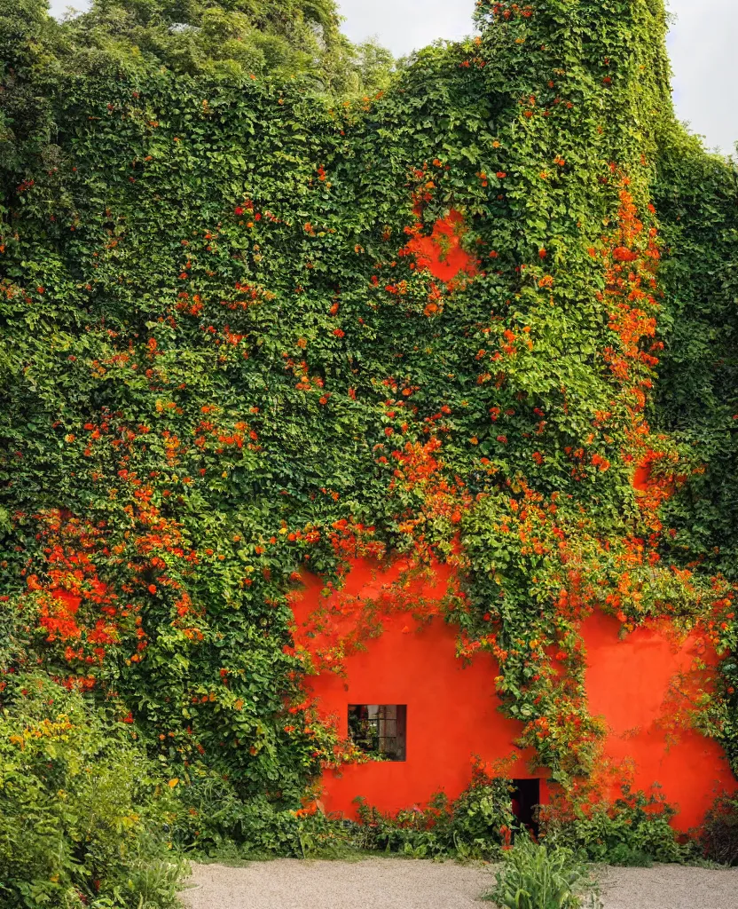 Prompt: a red and orange and yellow concrete house surrounded by rampant vine growth, in a castle garden, dappled sunlight, 35mm photography, in the style of david chipperfield and gregory crewdson