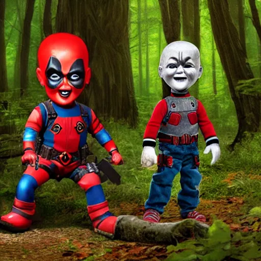 Prompt: chucky the doll and deadpool in the woods together digital art 4 k detailed super realistic