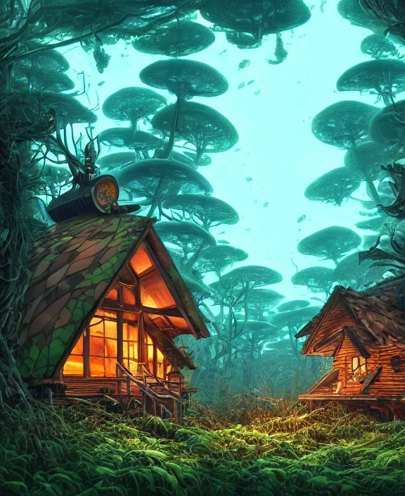 Image similar to a whimsical cabin made from robots, overgrown with huge exotic fungus, deep in the woods, by dan mumford, yusuke murata, makoto shinkai, ross tran, underwater, hellish, cinematic, unreal engine, cel shaded, featured on artstation, pixiv