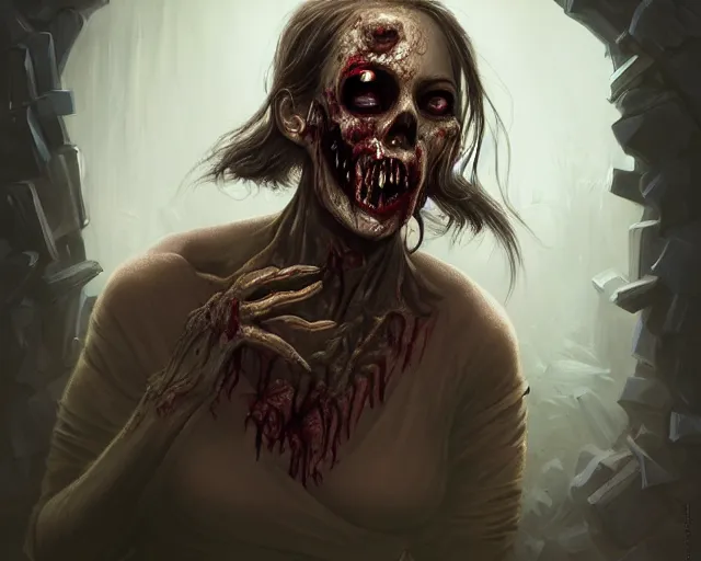 Prompt: formal portrait of a zombie. they are an animal trainer, and would like to be portrayed crouching in an attic room, deep focus, d & d, fantasy, intricate, elegant, highly detailed, digital painting, artstation, concept art, matte, sharp focus, illustration, hearthstone, art by artgerm and greg rutkowski and alphonse mucha