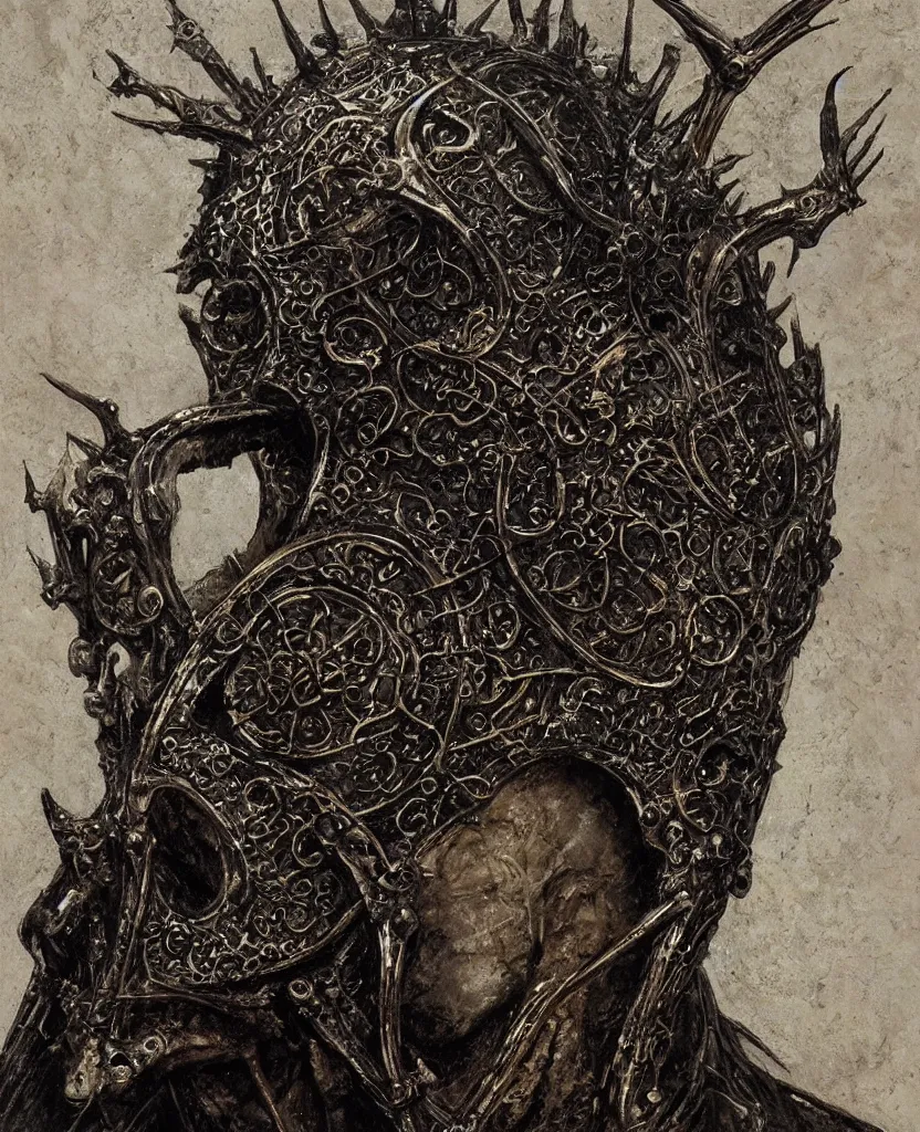 Image similar to a filigree ornamental medieval iron and black bronze helmet with skeletal features and short spikes, art by (((wayne barlowe, nicola samori))), hr giger, dmitry parkin, hedi xandt, foggy, dimly lit, artstation, oil painting,