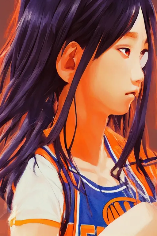 Image similar to A ultradetailed beautiful panting of a stylish anime girl, she is wearing a New York Knicks basketball jersey, Oil painting, by Ilya Kuvshinov, Greg Rutkowski and Makoto Shinkai