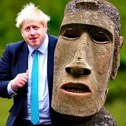 Image similar to Boris Johnson stealing a moai from Easter island