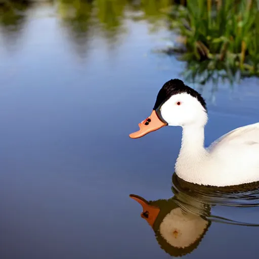 Prompt: a white crested duck in a pond at a part, realistic