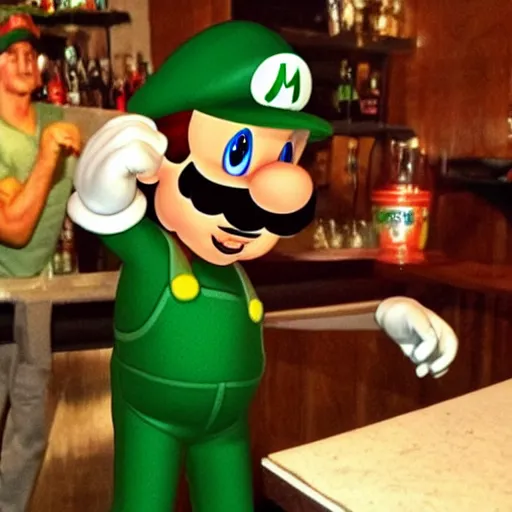 Image similar to luigi from super mario hanging at the bar and getting drunk with the boys