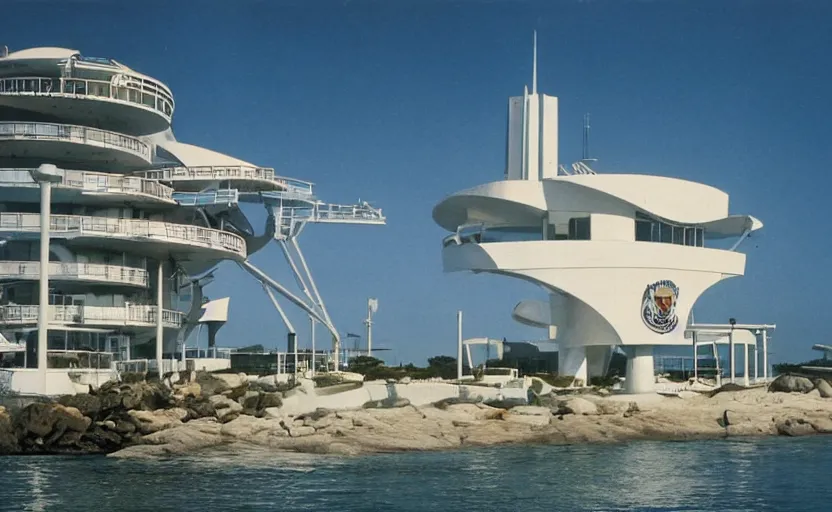 Image similar to marineville, world aquanaut security patrol headquarters, military base, googie aesthetics, coastal area