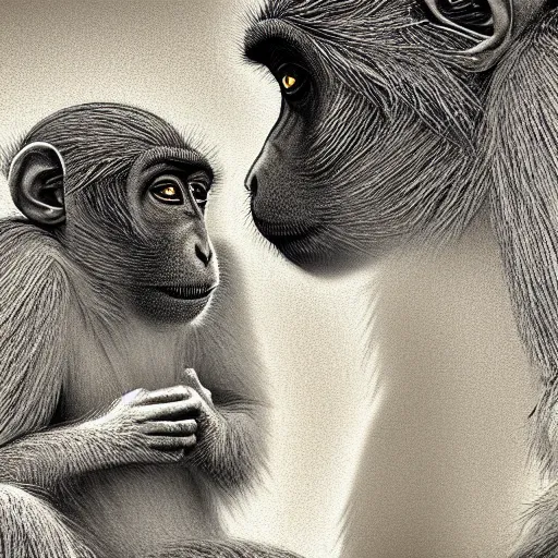Image similar to two macaques looking at each other inside car bmw e 4 6, digital art, soft shadows, creepy art, sun flare