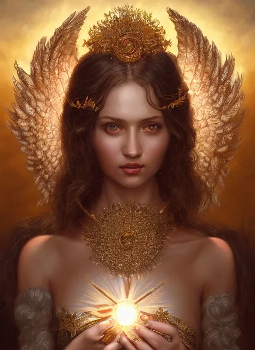 Image similar to A beautiful digital painting of a female angel full of jewels, princess, the sun behind her, intricate, cinematic lighting, highly detailed, digital painting, Artstation, concept art, smooth, sharp focus, illustration, art by Tom Bagshaw, Artgerm and Greg Rutkowski