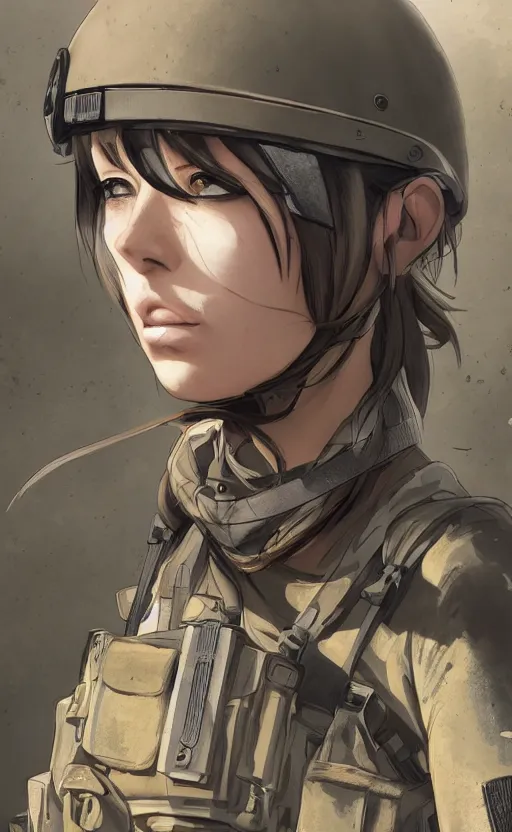 Image similar to a girl, urban warfare, soldier clothing, combat helmet, anime style, short hair, hair down, symmetrical facial features, from arknights, hyper realistic, 4 k, rule of thirds, extreme detail, detailed drawing, trending artstation, hd, escape from tarkov, realistic lighting, by alphonse mucha, greg rutkowski, sharp focus, backlit