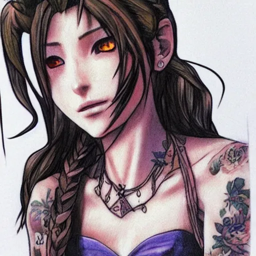 Image similar to concept art of aerith gainsborough with tattoos, trending on artstation