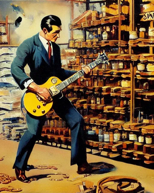 Image similar to Snake Oil salesman shredding on a Gibson Les Paul in a snake oil warehouse, painting by Frank Frazetta