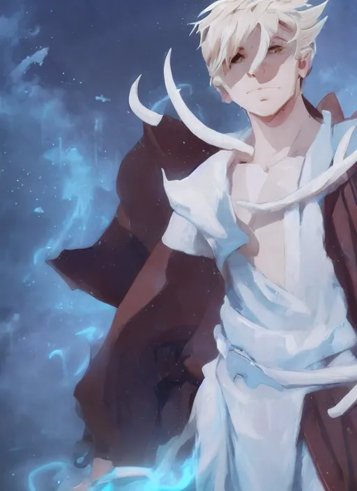 Prompt: concept art painting of a person with brown skin and short white hair, demon horns, white freckles, full clothing, blue clothes, blue robes, detailed, cel shaded, in the style of ruan jia and artgerm and makoto shinkai and james gurney