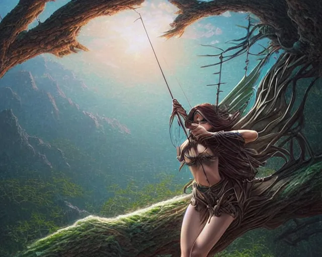 Prompt: Death is swallowed up in victory, artwork by artgerm, Long Bow and arrows, perched in a tree, full body shot, DD, fantasy, highly detailed, digital painting, artstation, smooth, sharp focus, art by thomas kinkade and Ruth Asawa and Thomas Cole