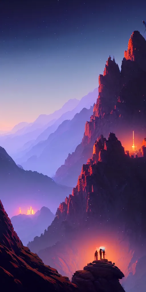 Image similar to highly detailed mountain in night, gta v, stephen bliss, unreal engine, fantasy art by greg rutkowski, loish, rhads, ferdinand knab, makoto shinkai and lois van baarle, ilya kuvshinov, rossdraws, tom bagshaw, global illumination, radiant light, detailed and intricate environment