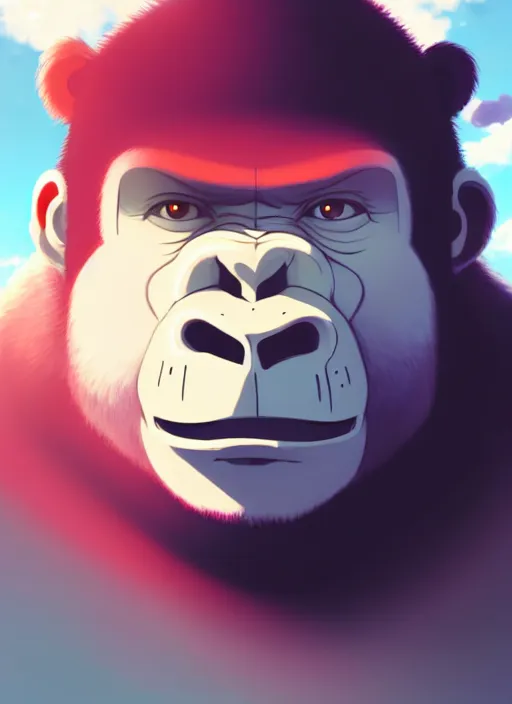 Image similar to portrait of gorilla holding a small red mushroom, sunny sky background, lush landscape, illustration concept art anime key visual trending pixiv fanbox by wlop and greg rutkowski and makoto shinkai and studio ghibli and kyoto animation, symmetrical facial features, black shirt, red headphones, backlit