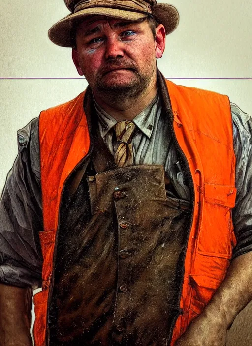 Image similar to a russian railroad electrician!!!, male!!, wearing orange vest!!, siberia!!, portrait, 3 5, dirty, fat, ugly, intricate, elegant, highly detailed, digital painting, artstation, concept art, wallpaper, smooth, sharp focus, illustration, art by artgerm and greg rutkowski and alphonse mucha