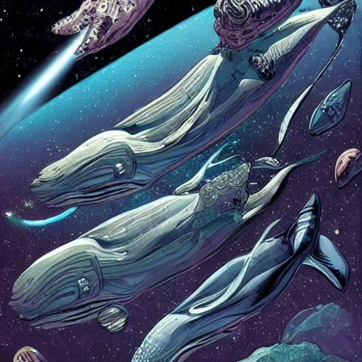 Prompt: space whales swimming through an asteroid belt, intricate, elegant, highly detailed, smooth, sharp focus, detailed face, high contrast, dramatic lighting, graphic novel, art by ardian syaf and pepe larraz,