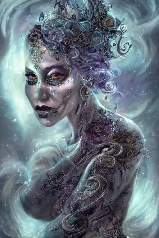 Prompt: a wlop 3 d render of very very very very highly detailed beautiful mystic portrait of a phantom undead ballerina with whirling galaxy around, tattoos by anton pieck, intricate, extremely detailed, digital painting, artstation, concept art, smooth, sharp focus, illustration, intimidating lighting, incredible art,