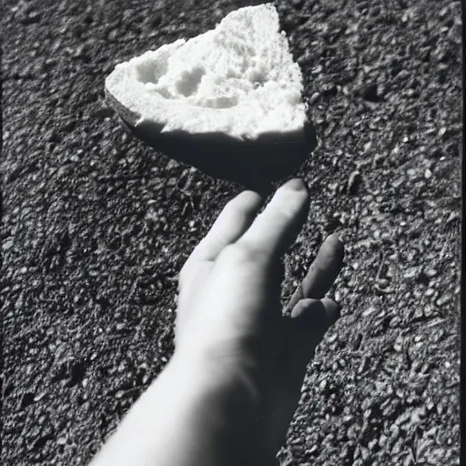 Prompt: a woman holding a piece of food in her hand, a stock photo by esther blaikie mackinnon, reddit contest winner, primitivism, shallow depth of field, photo taken with ektachrome, 3 5 mm lens