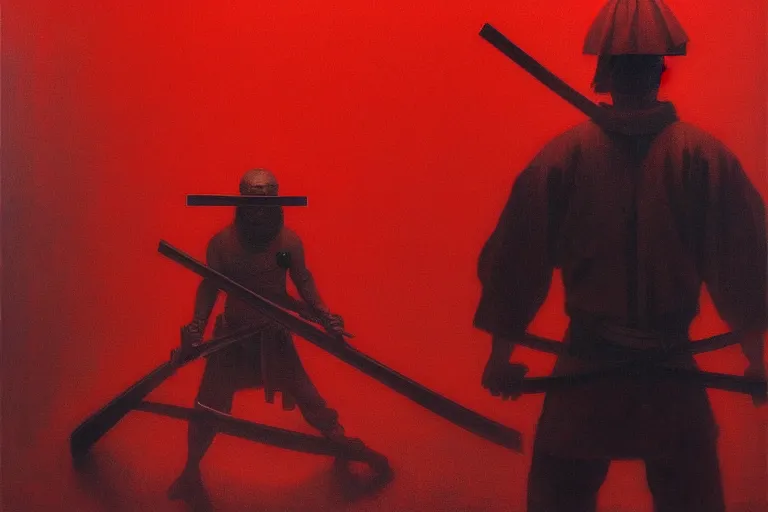 Image similar to only with red, a red samurai harakiri, tokio, a lot of frogs watch, in the style of beksinski, parts by edward hopper, parts by rodcenko, parts by yue minjun, intricate and epic composition, red by caravaggio, insanely quality, highly detailed, masterpiece, red light, artstation, 4 k