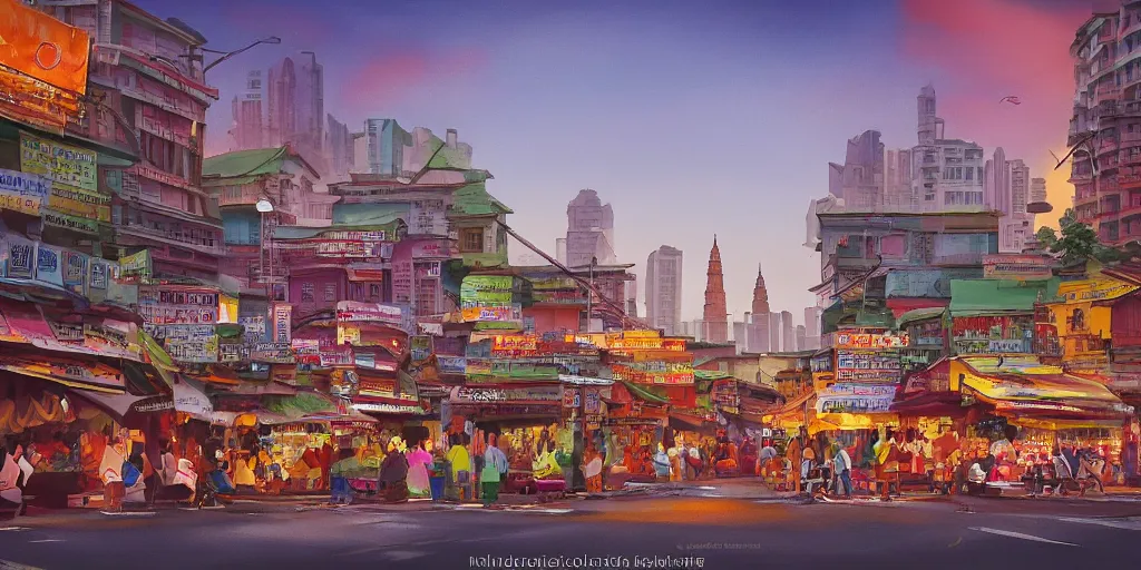 Image similar to little india sundry shop with kuala lumpur twin towers in the background, evening, highly detailed matte painting, studio ghibli, artstation