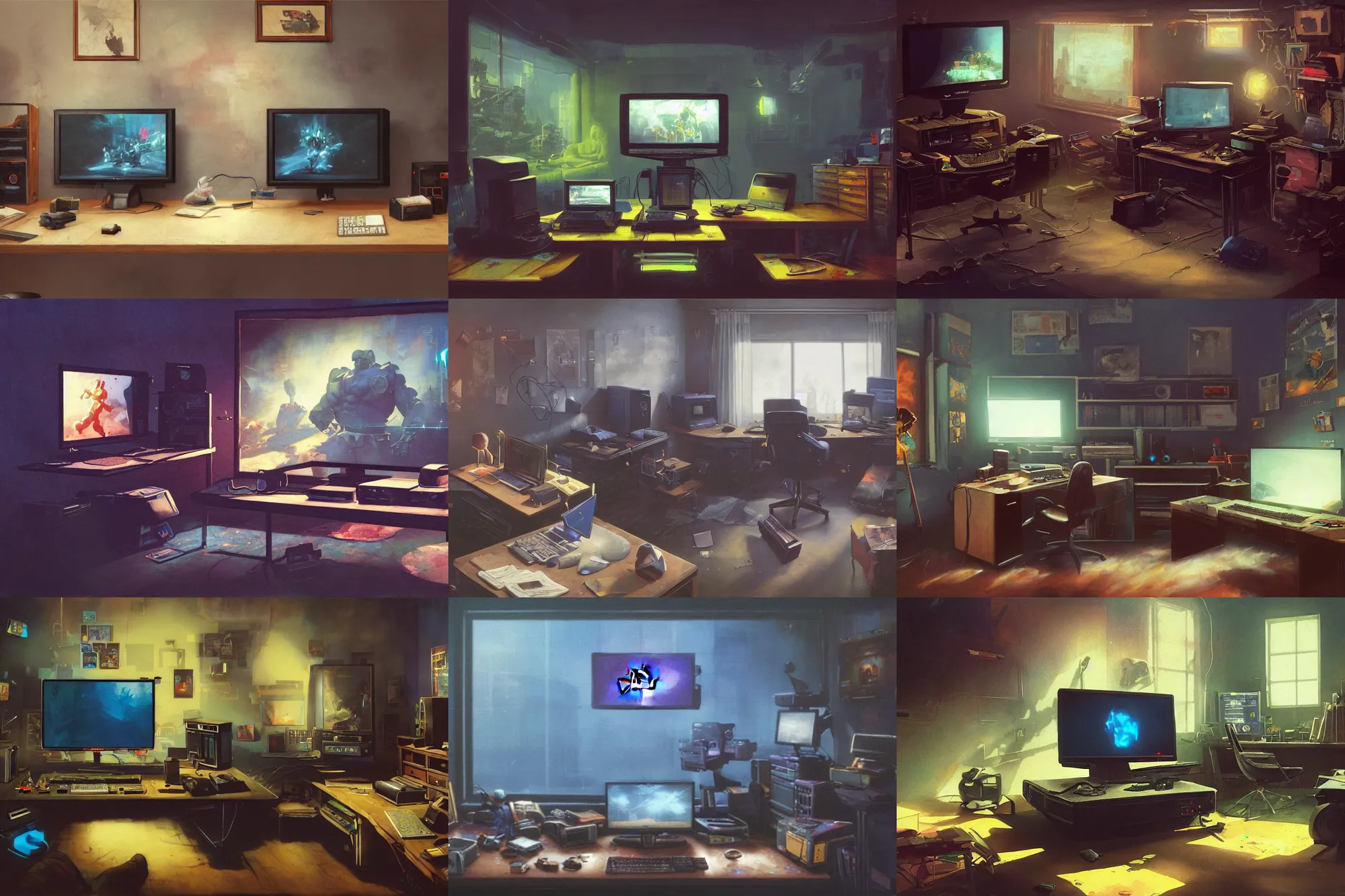 Prompt: A mixed media painting of a home office and gaming setup from the nineties, playstation is on the crt screen, by Frank Frazetta, Greg Rutkowski, Beeple, post-processing, low angle, masterpiece, cinematic, isometric, volumetric lighting